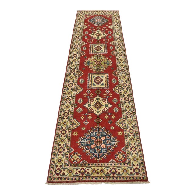 Kazak Runner 2’9” X 9’7” Red Wool Tribal Hand-Knotted Oriental Rug For Sale