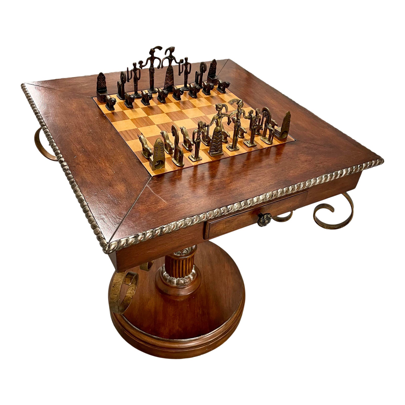 Vintage Carved Wood Pedestal Gaming Table & Chess Set Chairish
