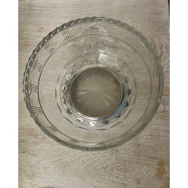 Shabby Chic Vintage 1940 Mid-Century Geometric Pressed Glass Centerpiece Bowl With Silver-Plated Pedestal Base For Sale - Image 3 of 7