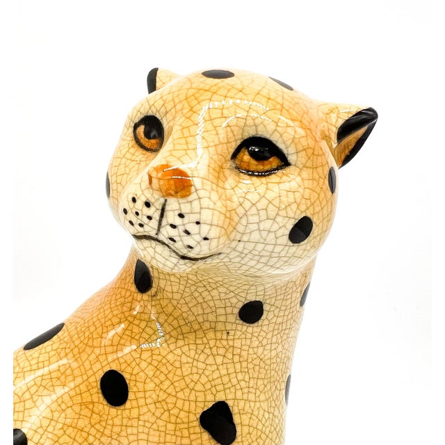 English Vintage Staffordshire Style Crackle Glazed Ceramic Cheetah on Green Pillow – Hollywood Regency / Safari Chic For Sale - Image 3 of 9
