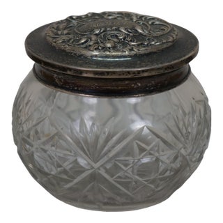 Antique Simpson Hall Miller Sterling Silver Lidded Cut Crystal Vanity Jar Pot 4" For Sale