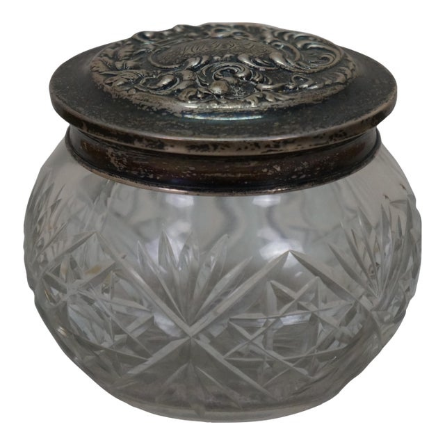 Antique Simpson Hall Miller Sterling Silver Lidded Cut Crystal Vanity Jar Pot 4" For Sale