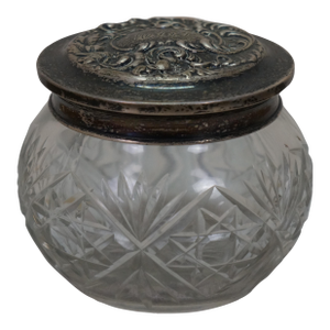 Antique Simpson Hall Miller Sterling Silver Lidded Cut Crystal Vanity Jar Pot 4"