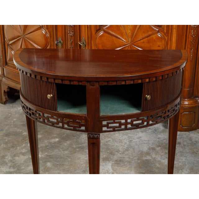 English Mahogany 19th Century Demi-Lune Console Table with Tambour Sliding Doors For Sale - Image 10 of 12