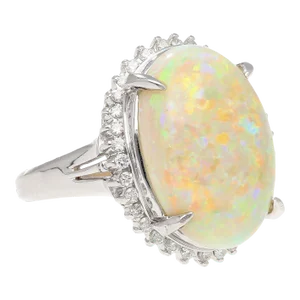 7.86 Carat Natural White Opal and Diamond Halo Platinum Ring