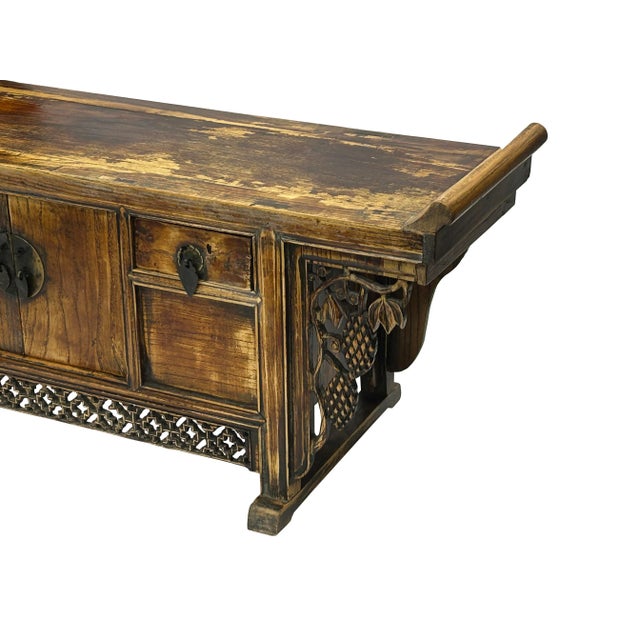 Coffee 39" Distressed Vintage Chinese Carving Point Edge Chest Table Stand For Sale - Image 8 of 10
