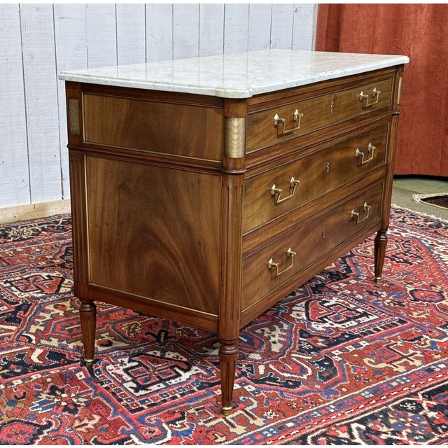 Louis XVI Mahogany Chest of Drawers with Marble Top, 1950s For Sale - Image 13 of 18