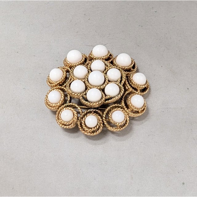 1960s Vintage 1964 Signed Crown Trifari White Cabochon Brooch, Harper's Bazaar Ad Piece For Sale - Image 5 of 7