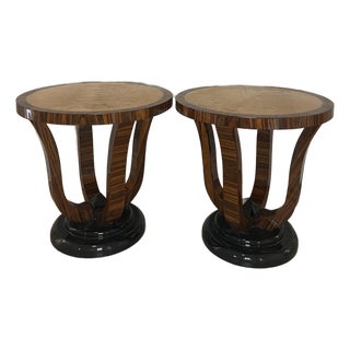 Pair of Italian Art Deco Style Macassar Wood & Burl Round Side Tables For Sale