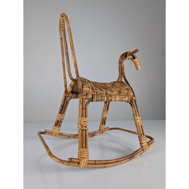 Mid-Century Modern Childrens Rocking Horse in Bamboo and Rattan, 1960s For Sale - Image 3 of 11