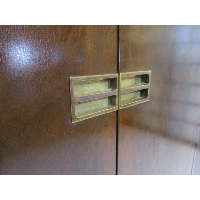 Brown Baker Styled Burl Wood 2 Pc. Mid Century Cabinet / Server For Sale - Image 8 of 13