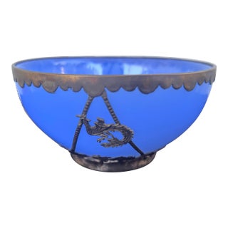 Antique Chinese Blue Peking Glass Bowl With Signed Ornate Metal Mount For Sale