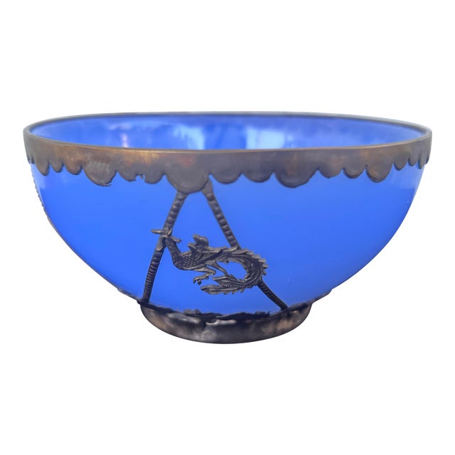 Antique Chinese Blue Peking Glass Bowl With Signed Ornate Metal Mount For Sale