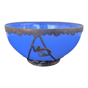 Antique Chinese Blue Peking Glass Bowl With Signed Ornate Metal Mount