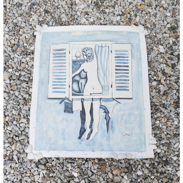 1995 Vintage Signed Dated Oil Painting On Canvas Cubism Un-Framed Sky Blue 23'' x 27'' Subjects: Female, Black Cat, Wine,...