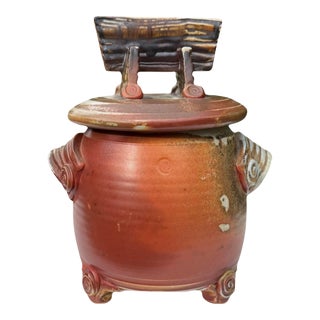 Vintage Mark Heimann Studio Pottery Covered Jar With Sculptural Handles For Sale