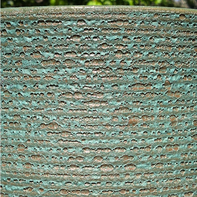 Ceramic Late 20th Century Ribbed Pottery Planter With Green Volcanic Lava Crater Glaze For Sale - Image 7 of 18