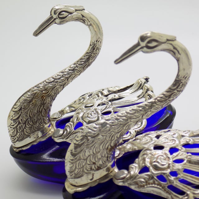 Vintage Italian Sterling Silver 800 Swan Salt Cellars with Cobalt Glass Liners and Spoons, 1970s, Set of 4 For Sale - Image 6 of 13