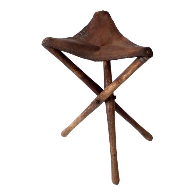 Vintage Leather Three Leg Traveling Stool For Sale