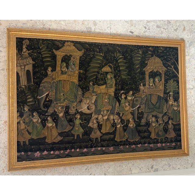 This large artwork is a traditional Indian painting on fabric, often referred to as a Pichwai or a Mughal-style royal...