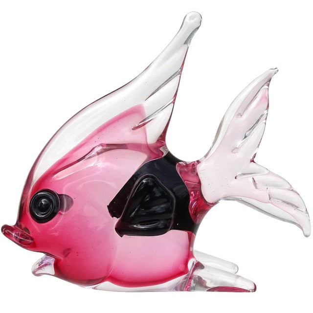 Glass Murano Seguso Sommerso Pink Black Accents Vintage Italian Art Glass Fish Figurine Paperweight With Label For Sale - Image 7 of 7