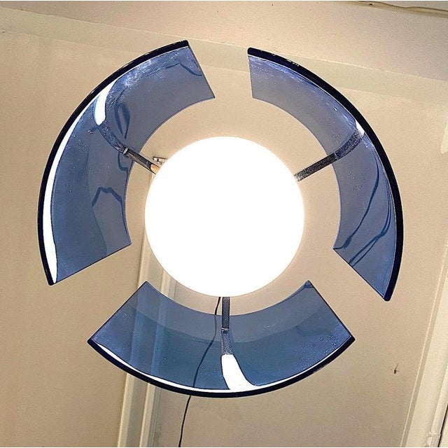 Veca of Italy 1970s Chrome & Blue Glass Panel Pendant or Ceiling Mount Light For Sale In New York - Image 6 of 11