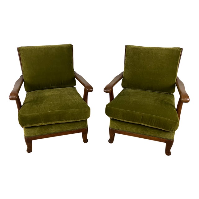 Set of Wooden and Green Velvet Chairs, 1950s For Sale