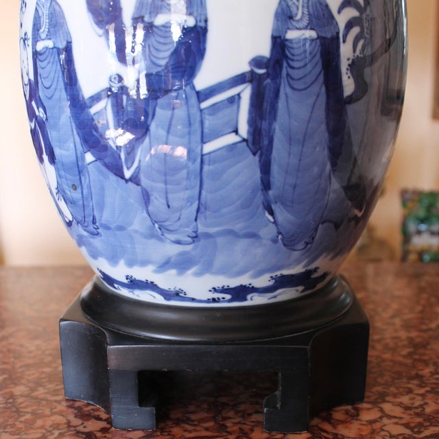 Pair of Chinese Blue and White Figural Decorated Ginger Jars Adapted Into Lamps For Sale - Image 9 of 12