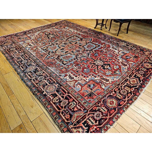 Vintage Persian Heriz Serapi Rug, Hand-Knotted Wool, Geometric Medallion Pattern, Brick-Red & Blue, 9x12 For Sale - Image 4 of 15