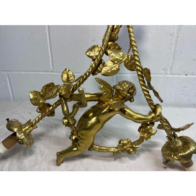 Antique Ornate Gilt Bronze Cherub Angel Putti Hanging Chandelier Fixture For Sale - Image 9 of 16
