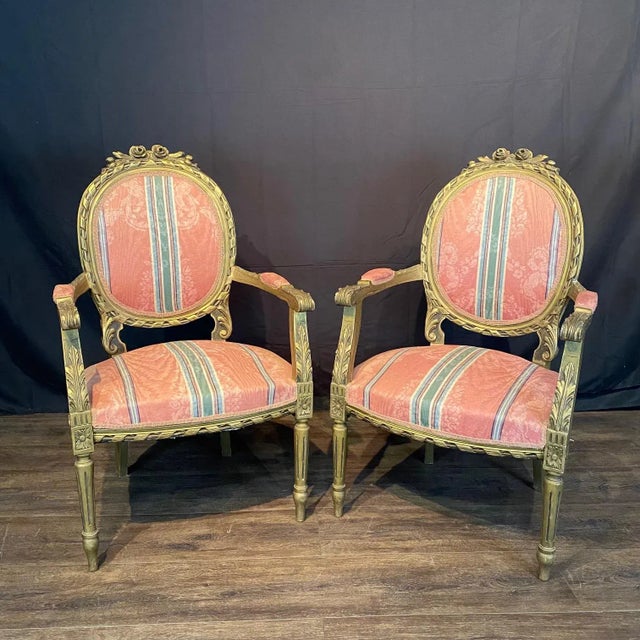 Wood French Louis XVI Style Giltwood Armchairs -a Pair For Sale - Image 7 of 8