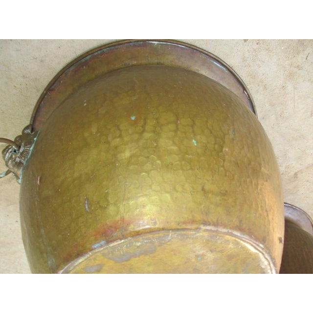 Brass Vintage Large Hammered Brass With Foo Dog Handles Planter, A Pair For Sale - Image 8 of 10