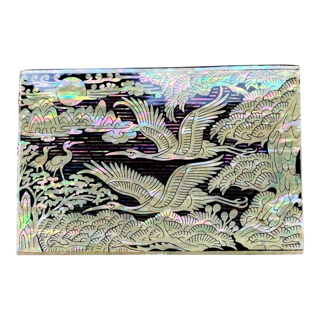 Korean Najeonchilgi Mother-of-Pearl Crane & Pine Lacquer Box, ImArt For Sale