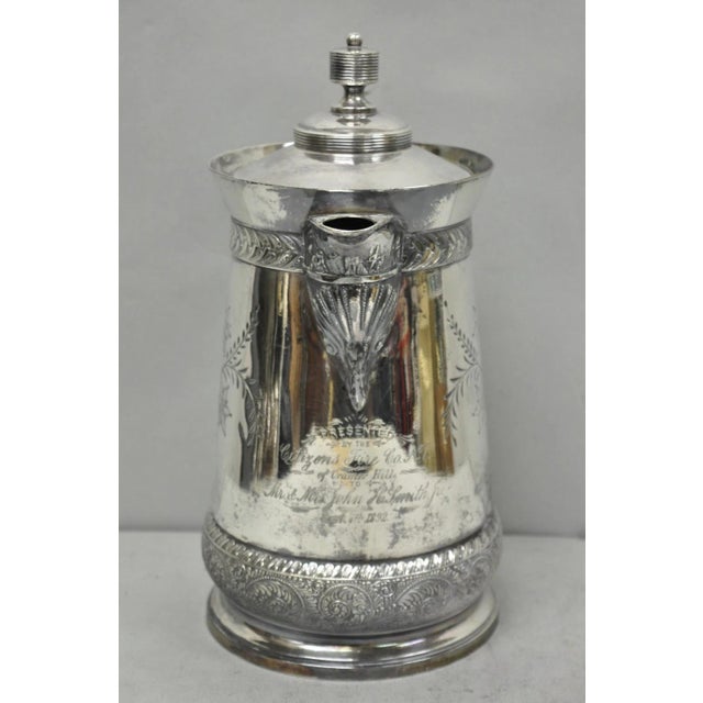 Antique Meriden Victorian Large Silver Plated Floral Etched Pitcher, Engraved. Engraving reads "Presented by The Citizens...