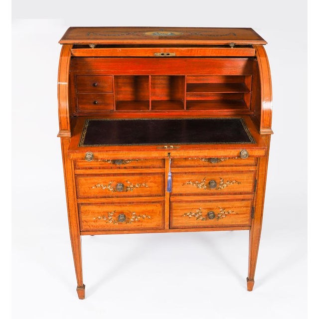 Antique English Late Victorian Sheraton Revival Satin Wood Bureau, 19th Century For Sale - Image 3 of 18