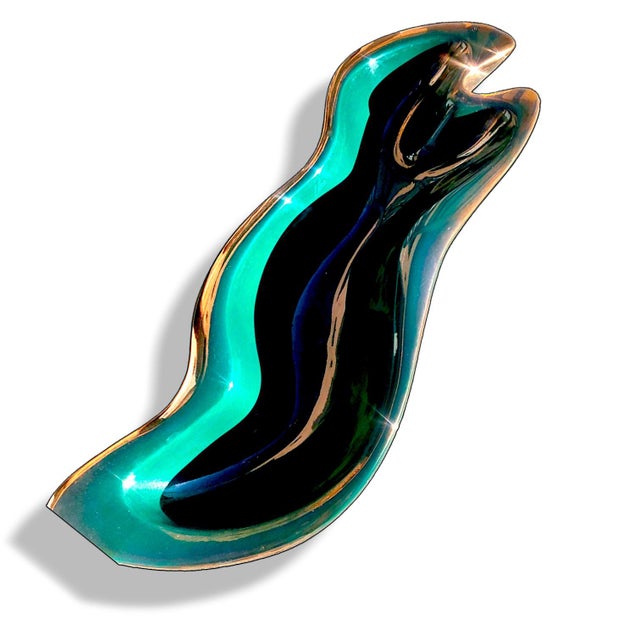 Ceramic 1950s Large BIomorphic Emerald and Parcel Gilt Ceramic Centerpiece Bowls - a Pair For Sale - Image 7 of 12