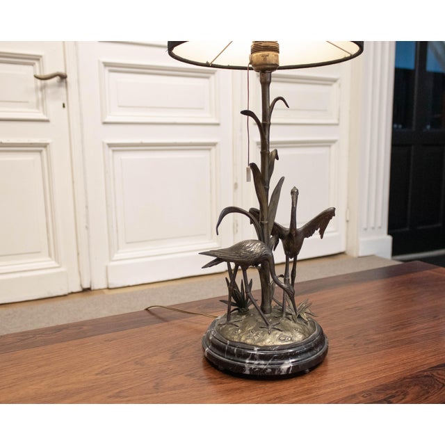 Table Lamp with Crane Bird Scene in Brass on Black Marble Base from Agudo, 1940s For Sale - Image 4 of 9