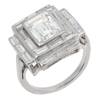 1950s Mid Century Gia 2.72 Carat Emerald Cut Diamond Platinum Cocktail Ring, Size 7.5 For Sale