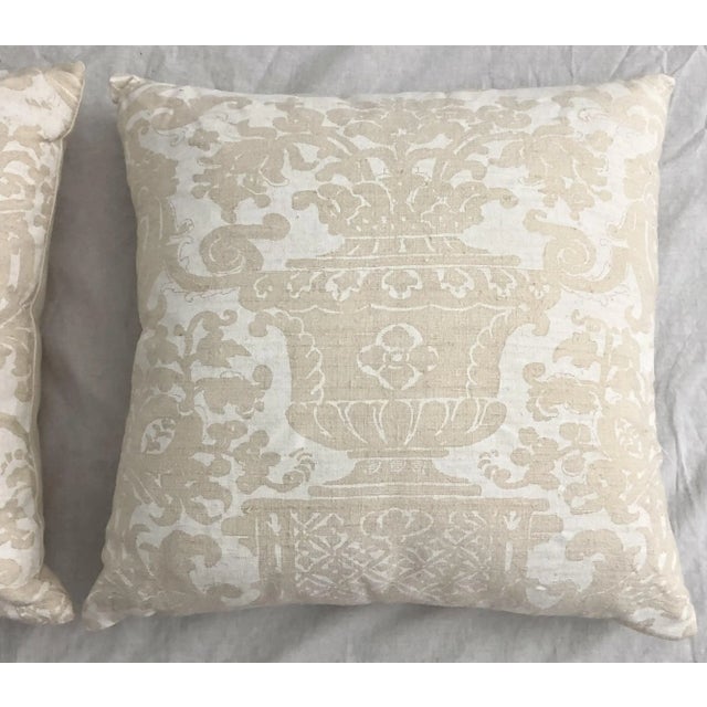 A Vintage Set of Three 19"x 19" Fortuny Eggshell Printed "Campanille" Knife Edge Pillows on Woven Silk Ground, with Ivory...