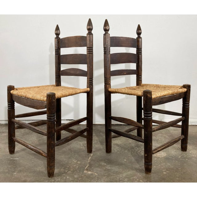 Mid 20th Century Vintage Primitive Turned Wood Woven Seat Ladderback Chairs, Pair For Sale - Image 5 of 10