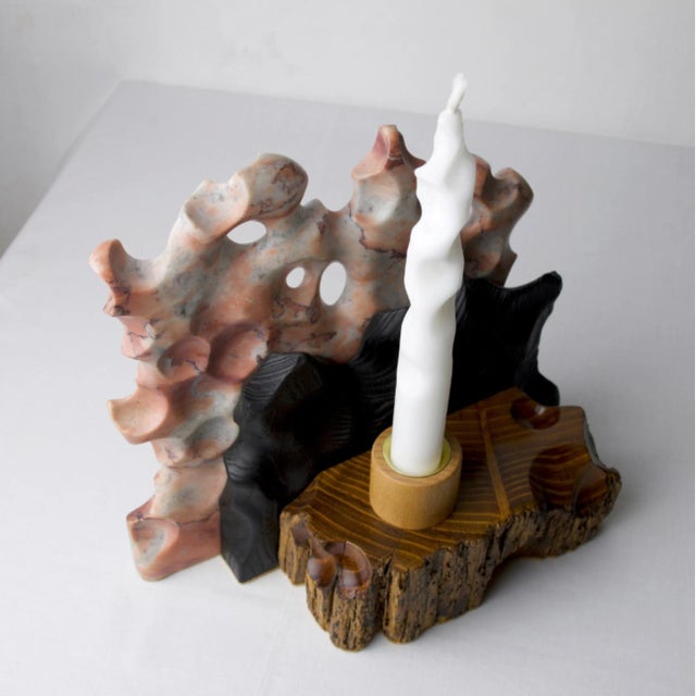 Pink Reclaimed Pine and Pink Marble Candle Holder — Yakisugi Charred, Melting Collection | Gabor Gobi For Sale - Image 8 of 10