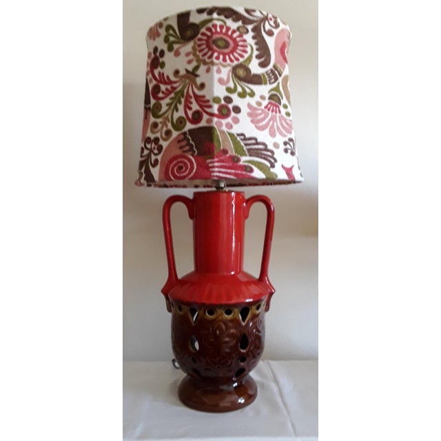 Vintage German Table Lamp with Interior-Lit Red-Brown Ceramic Foot, Double Handle &Suitable Patterned Fabric Screen,...