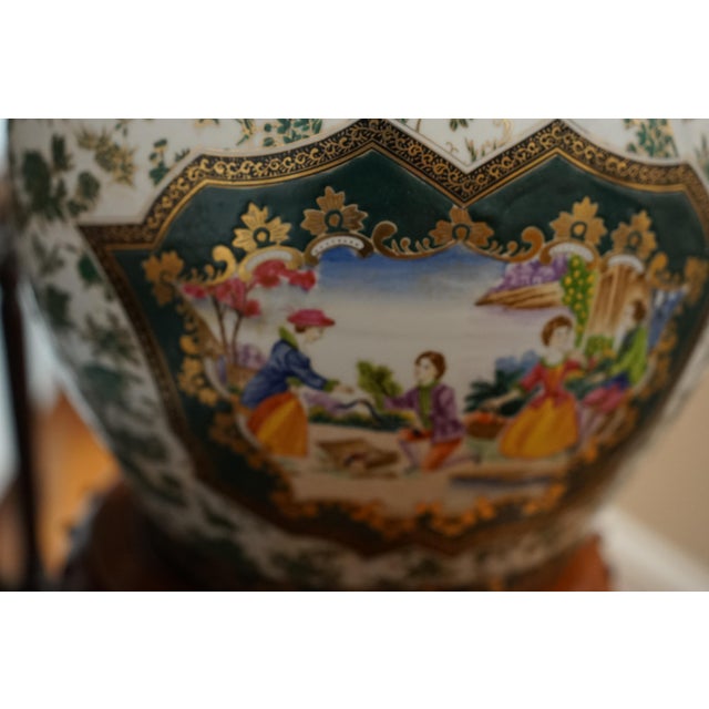 Ceramic Chinese Canton Vintage Enamel Gilt Dark-Green-Ground Jardinières - set of 2 For Sale - Image 7 of 10