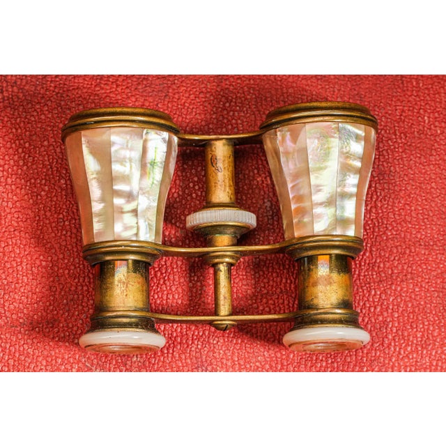 Metal Fantastic Lively Mother of Pearl Duval Paris Antique French Opera Glasses With Leather Case Home Decor Prop For Sale - Image 7 of 12