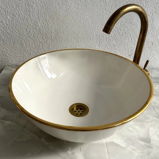 Luxury 16" Inch Round Milk-White Handcrafted Ceramic Sink with 14K Gold Rim Add timeless elegance to your bathroom with...