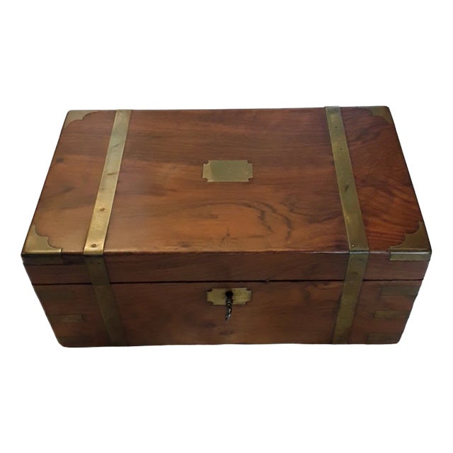 Ancient English Walnut and Brass Intarsia Desk Box with Secret Compartment For Sale