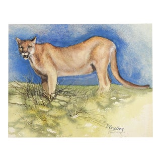Late 20th Century Cougar Watercolor 2 Paintings in 1 For Sale