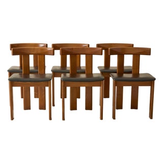 Luigi Vaghi Wood Dining Chairs With Black Seat, Set of 6, 1960's Italy For Sale