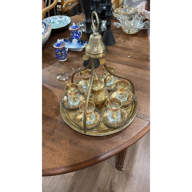 Turkish Vintage Brass Turkish Tea Set With Tray & Glasses For Sale - Image 3 of 9