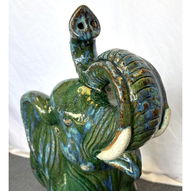 1970's Hollywood Regency Large Green Glaze Ceramic Elephant Symbolizing Good Fortune and Positive Energy For Sale - Image 12 of 14